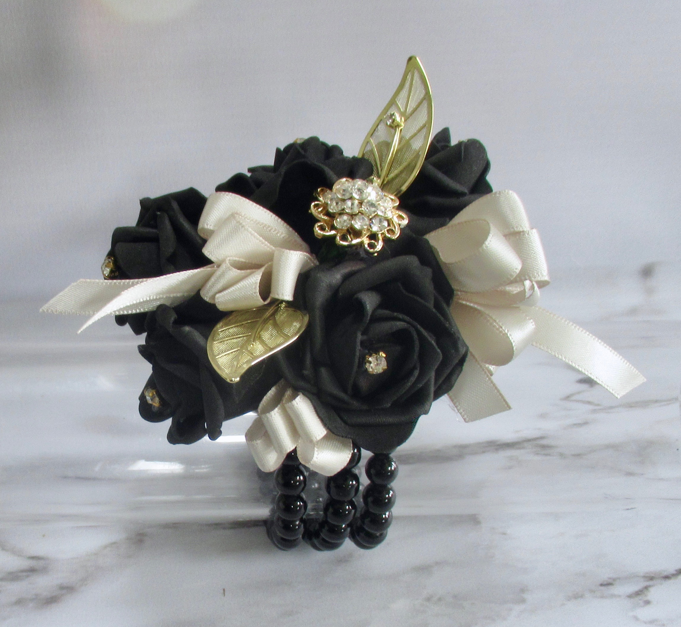 Black & Nude Wrist Cosage, The Floral Touch UK, Wedding Flowers